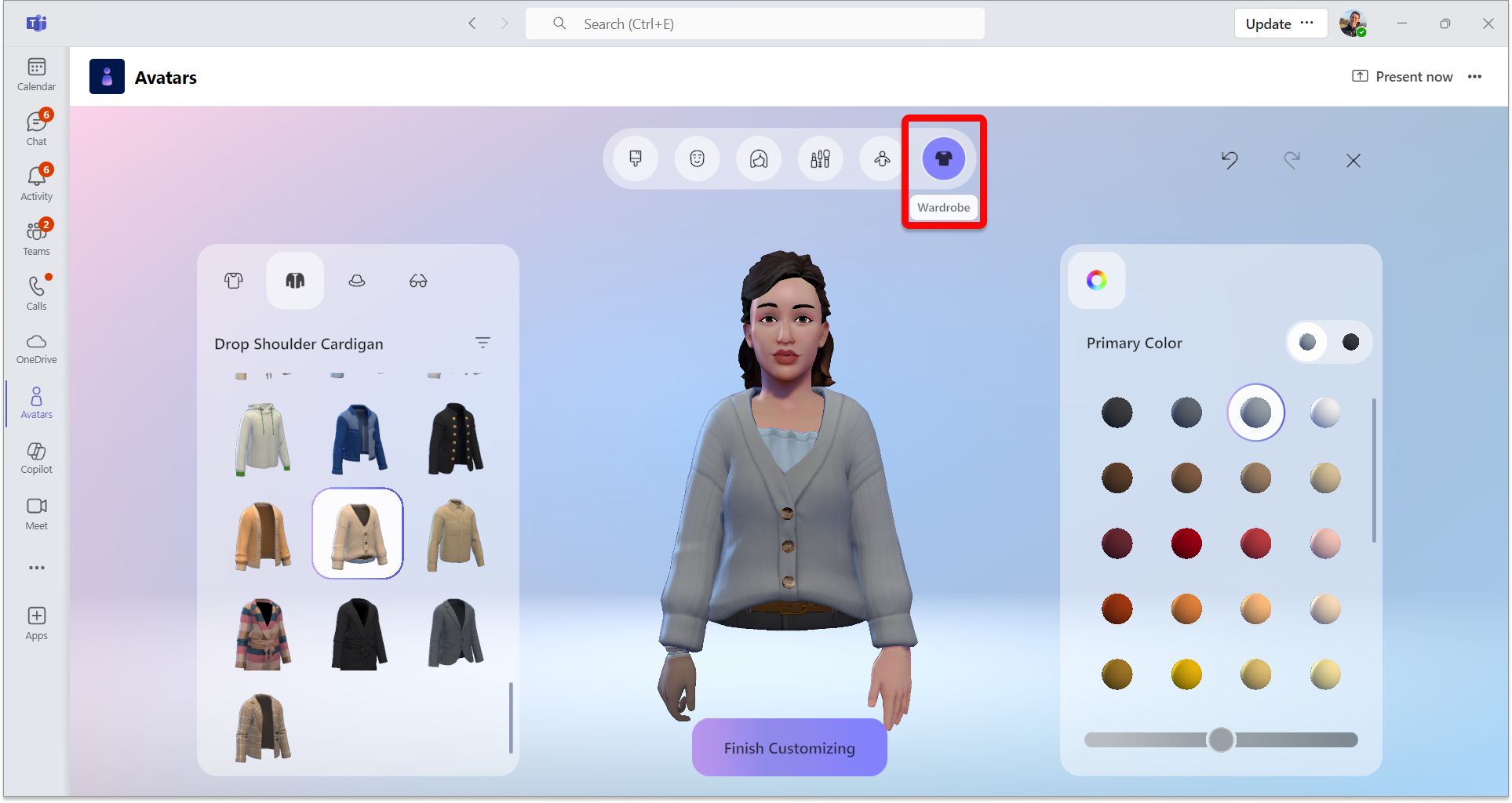 Screenshot der Avatar-App in Teams mit der Anpassung der Garderobe.