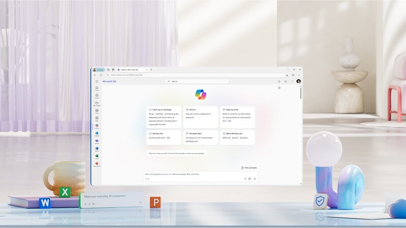 Microsoft 365 Copilot Chat Bildschirm auf einem farbenfrohen Hintergrund.