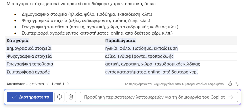 Στιγμιότυπο οθόνης του Copilot στο Word που εμφανίζει τη δυνατότητα κειμένου σε πίνακα