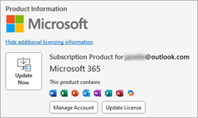 Screenshot showing Product Information in classic Outlook