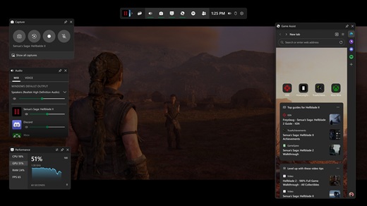 A screenshot of Microsoft Edge Game Assist running in Game Bar on top of a game. The Game Assist widget features an address bar, tabs, and a sidebar with commonly used gaming apps. The homepage highlights tips and guides for the game that is currently being played.
