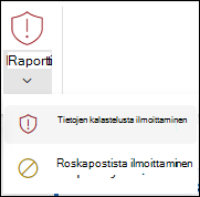 Näyttökuva Raportti-painikkeesta, jossa raportin tietojenkalastelu on valittuna perinteisessä valintanauhassa Outlookin verkkoversio.