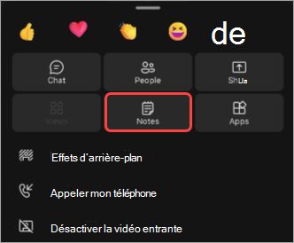Capture d’écran montrant comment accéder aux notes pendant une réunion Teams mobile