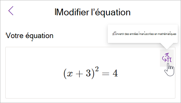 capture d’écran du volet assistant mathématiques dans onenote. Un curseur pointe sur le bouton entrée manuscrite vers texte.
