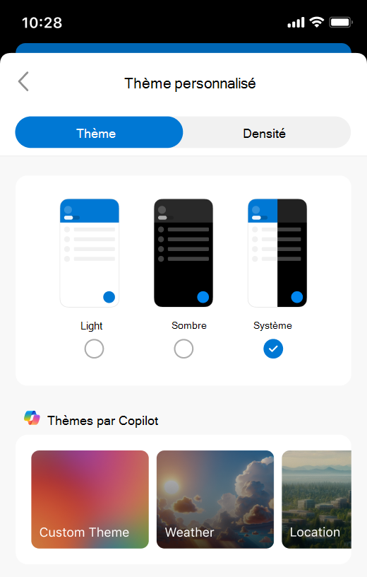 Capture d’écran des paramètres thèmes Outlook dans mobile.