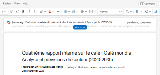 Affiche un Word pour le document Web ouvert, avec un résumé réduit en haut, au-dessus du texte du document.