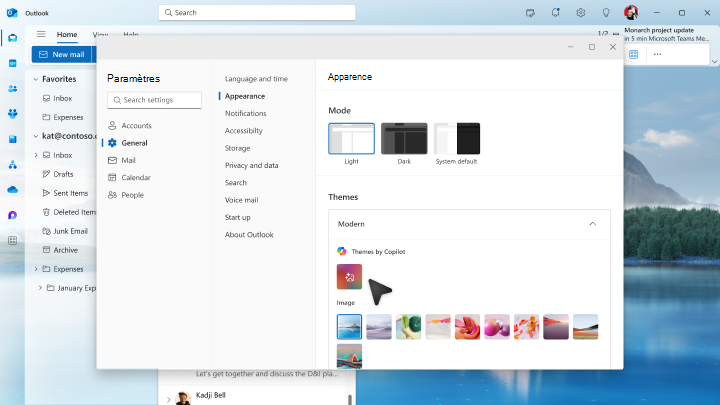 Capture d’écran des paramètres thèmes Outlook dans Windows.