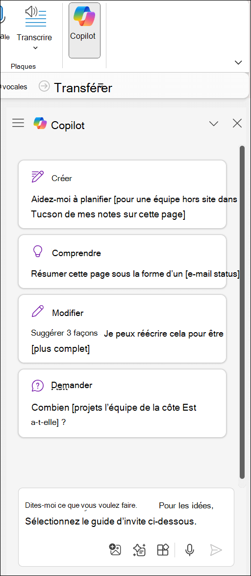 Volet Copilot dans OneNote à droite de la page.