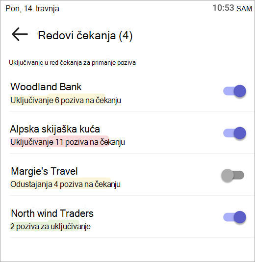 Snimka zaslona s prikazom načina za odustajanje od redova čekanja poziva