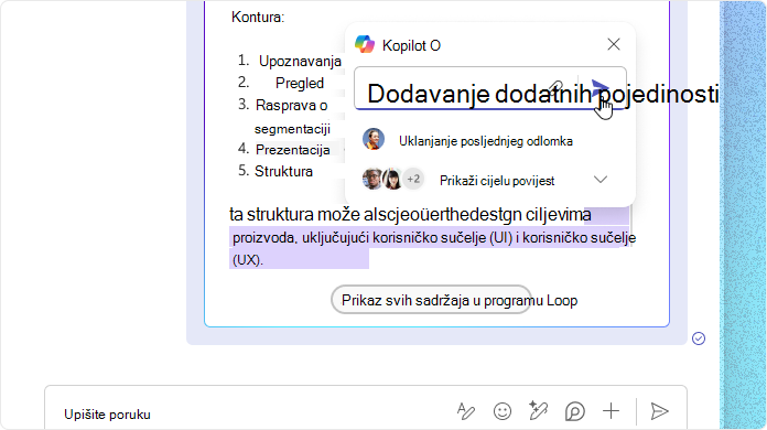 Snimka zaslona prikazuje Copilot u aplikaciji Loop kako uređuje pojedinosti.