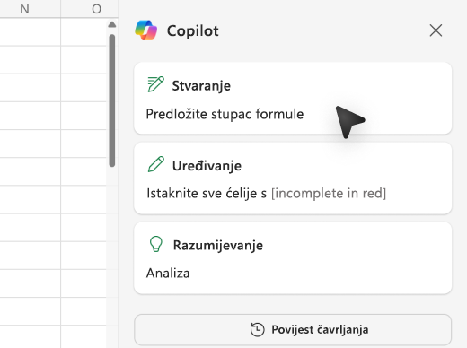 Snimka zaslona s načinom dodavanja stupaca formule pomoću sustava Copilot u programu Excel.