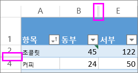 숨겨진 행 또는 열을 나타내는 행 및 열 사이의 이중선
