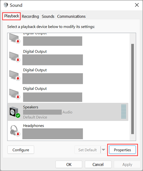 Garso išvesties įrenginio ypatybes pasiekite Windows 11 Garso parametrai.