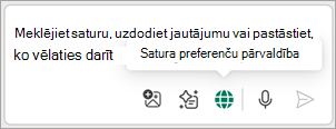 Tiek parādīts slēdzis "Pārvaldīt satura preferences" programmas Copilot uzvednes lodziņa apakšā.