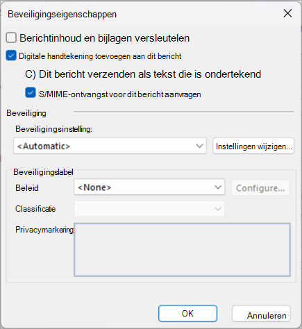 Schakel de selectievakjes naast Digitale handtekening toevoegen aan dit bericht en S/MIME-ontvangstbewijs aanvragen voor dit bericht in