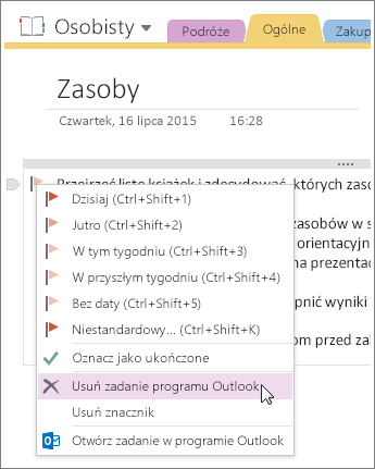 Zrzut ekranu: usuwanie zadania programu Outlook w programie OneNote 2016.