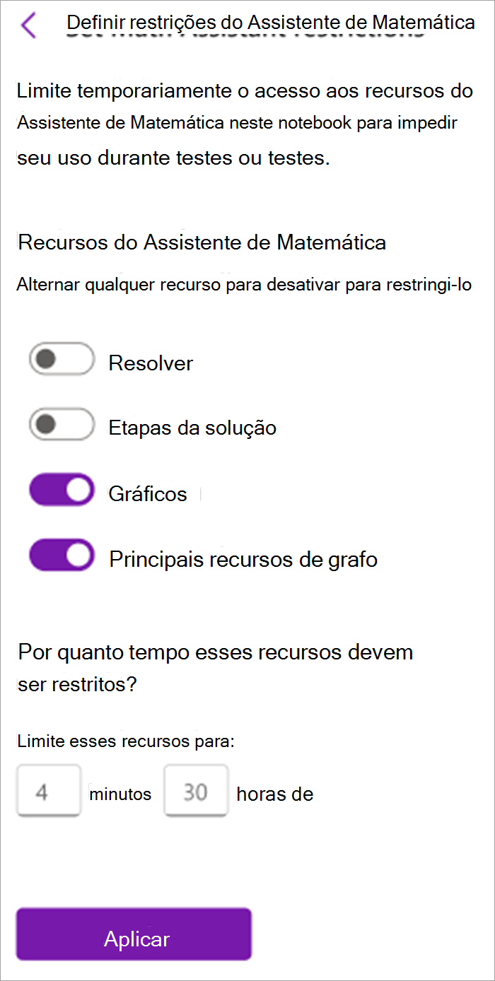 captura de tela do painel assistente de matemática para educadores no bloco de anotações de classe. A partir daqui, você pode ativar ou desativar ferramentas no assistente de matemática, incluindo solução, etapas de solução, grafo e principais recursos de grafo.