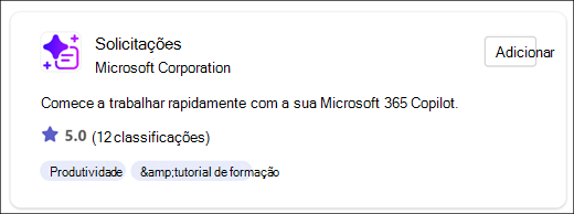 Uma card a mostrar a aplicação Solicitações da Microsoft com um botão que diz "Adicionar".