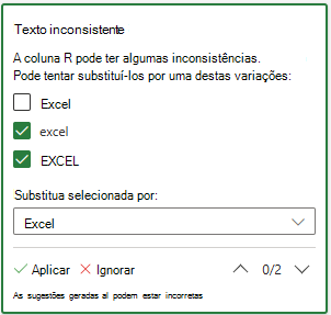 Cartão de sugestão de texto inconsistente