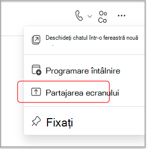 Partajarea ecranului într-un chat MS Teams