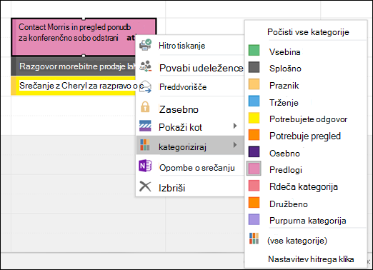 Z desno tipko miške lahko kliknete sestanek in dodelite kategorijo.