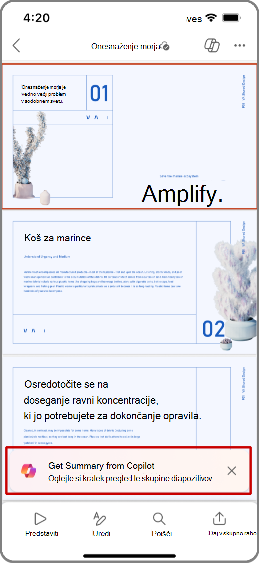 Posnetek zaslona storitve Copilot v PowerPointu na napravi s sistemom iOS z označenim pozivom Dobi povzetek
