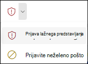Posnetek zaslona gumba »Poročilo« z izbrano možnostjo »Prijavi lažno predstavljanje« na poenostavljenem traku v Outlook v spletu.