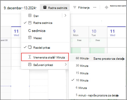 Snimak ekrana koji prikazuje vremenske skale u novom Teams kalendaru