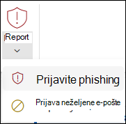 Snimak ekrana dugmeta "Izveštaj" sa izabranom stavkom "Izveštaj o phishingu" na klasičnoj traci Outlook na vebu.