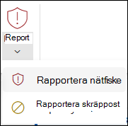 Skärmbild av knappen Rapportera med Rapportera nätfiske markerat i det klassiska menyfliksområdet i Outlook på webben.