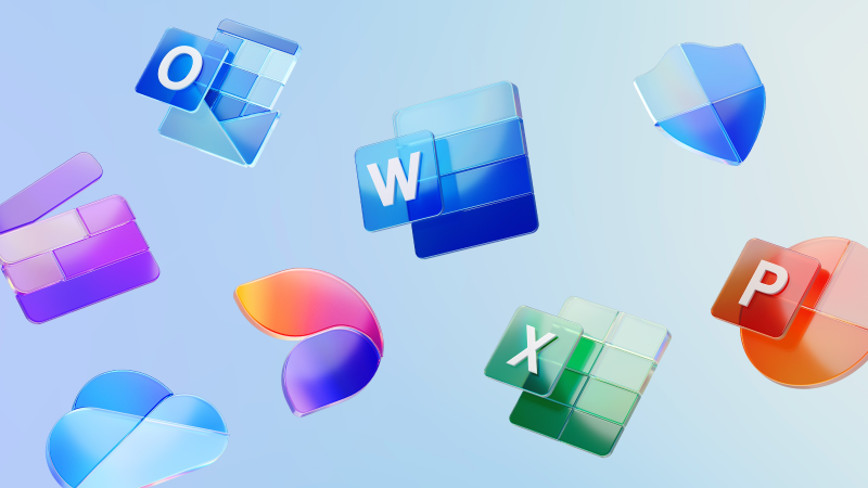 Bild som visar logotyper för olika Microsoft 365-applikationer som flyter runt