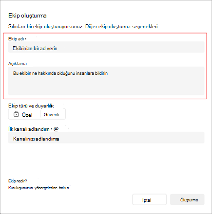 Ekip oluştur penceresinin ekran görüntüsü. Ekip adı, açıklama ve tür eklemek için bir alan içerir. İlk kanalınızın adını da oluşturabilirsiniz.