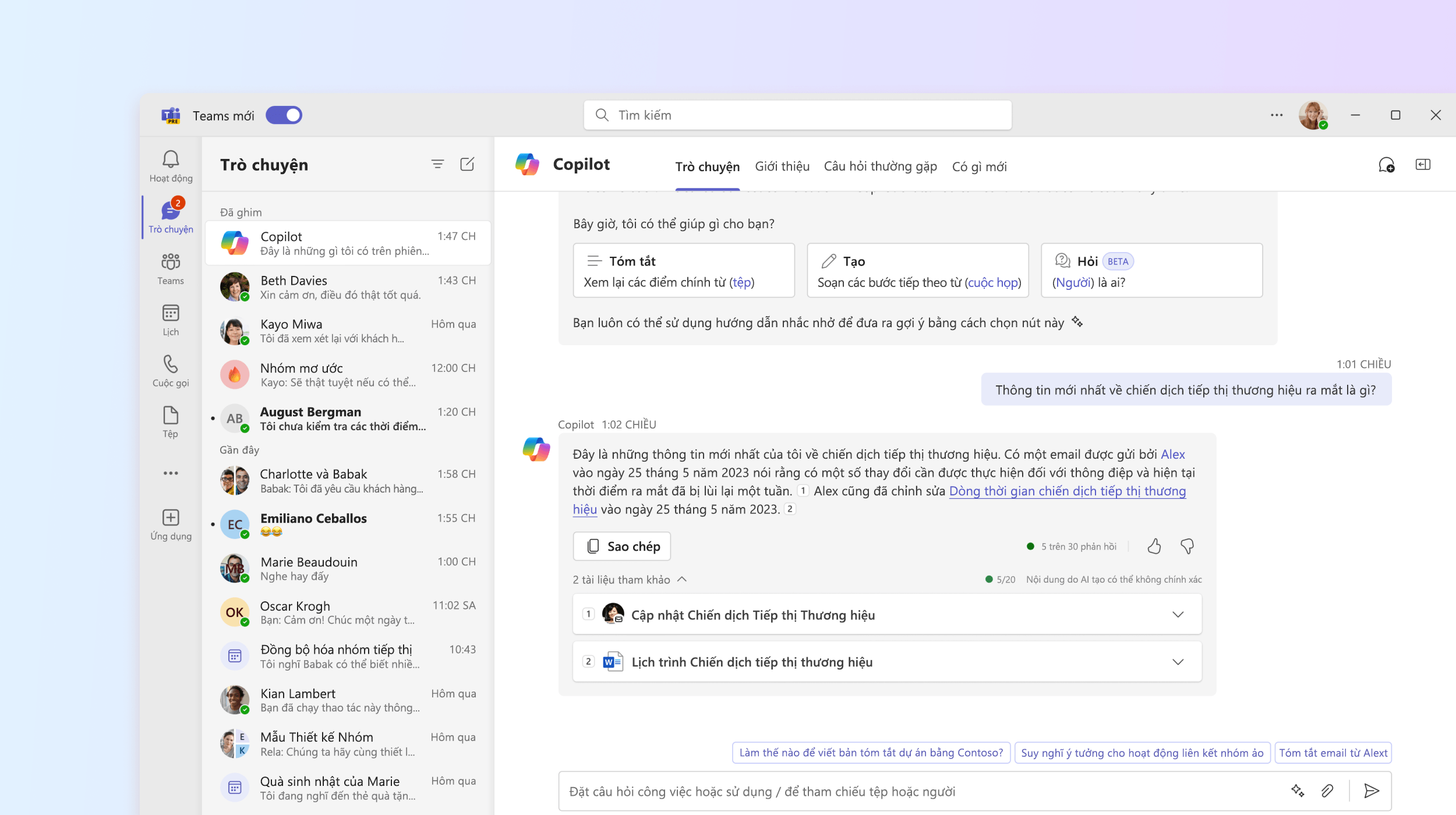 Ảnh chụp màn hình hiển ứng dụng Microsoft 365 Copilot trong Teams.