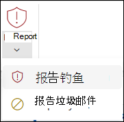 “报告”按钮的屏幕截图，其中在 Outlook 网页版 的经典功能区中选择了“报告钓鱼”。