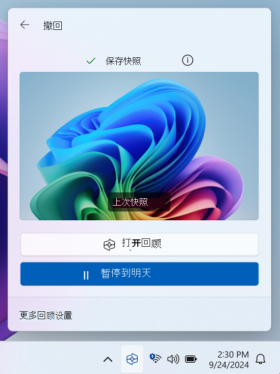 系统托盘中回顾隐私指示器的屏幕截图，其中显示了“暂停快照”选项。